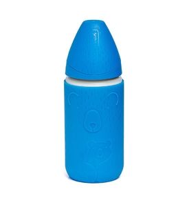 Suavinex 3303003 Бутылочка с силиконовым чехлом  0+ 240мл стекло, голубая