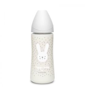 Suavinex Бутылка Hugge Baby серый зайка с точками с круглой силиконовой соской (3 позиции) 360мл 3173346 R0