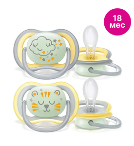 Avent Пустышка силиконовая ночная Ultra Air, декор, Тигр/Тучка 18 мес.+ 2 шт SCF376/01