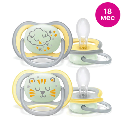 Avent Пустышка силиконовая ночная Ultra Air, декор, Тигр/Тучка 18 мес.+ 2 шт SCF376/01 Avent Пустышка силиконовая ночная Ultra Air, декор, Тигр/Тучка 18 мес.+ 2 шт SCF376/01