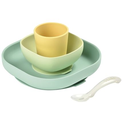 Beaba Набор посуды: 2 тарелки, стакан, ложка / SET VAISSELLE SILIC 4 PCS yellow