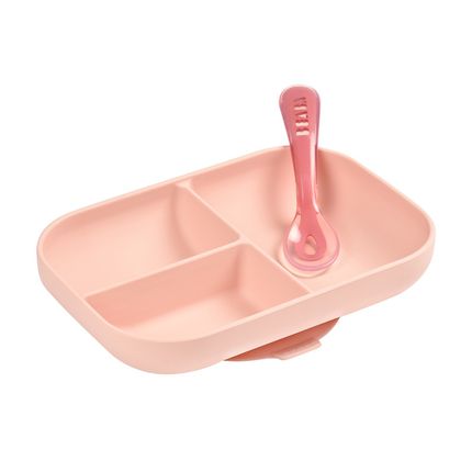 Beaba Набор посуды: тарелка, ложка SET REPAS SILICONE AVEC VENTOUSE ROSE