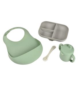 Beaba 913556 Набор из силикона: чашка, ложка ,тарелка и нагрудник COFF REPAS SIL ESS GREY/SGREE