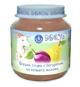Бибиколь Органическое фруктово-молочное пюре "Груша,слива,йогурт из коз молока" с 8 мес. 125г.
