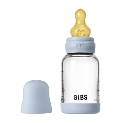 BIBS - Baby Blue Стеклянная бутылочка с латексной соской, медленный поток 120 мл  5019231