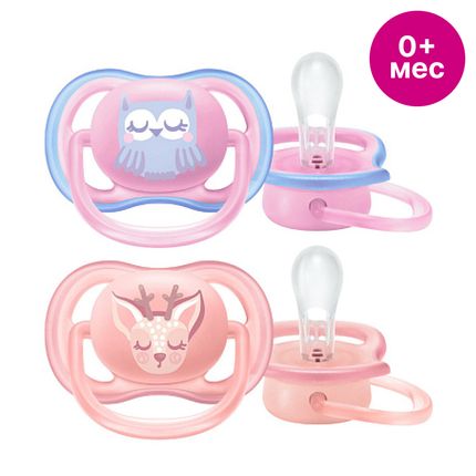 Philips Avent SCF085/02 Пустышка силиконовая Ultra Air декор Сова/Олень, 0-6 мес, (2 шт.), для девочек