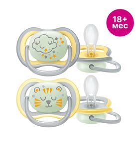 Philips Avent  Пустышка силиконовая ночная Ultra Air декор, Тигр/Тучка, 18 мес.+ (уп. 2 шт.) SCF376/01