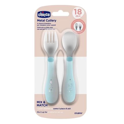 CHICCO Набор столовых приборов Metal Cutlery 18м+ (ложка, вилка), голубой