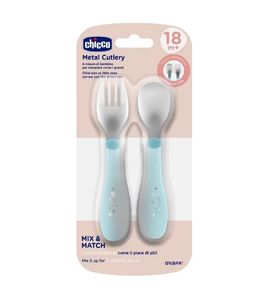 CHICCO Набор столовых приборов Metal Cutlery 18м+ (ложка, вилка), голубой