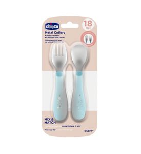CHICCO Набор столовых приборов Metal Cutlery 18м+ (ложка, вилка), голубой