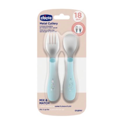 CHICCO Набор столовых приборов Metal Cutlery 18м+ (ложка, вилка), голубой