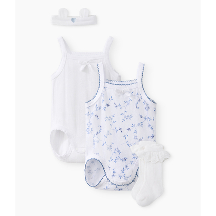 Happy baby , Комплект детский: боди (2шт), носки, повязка (голубой (цветы)) 90155-0 Happy baby , Комплект детский: боди (2шт), носки, повязка (голубой (цветы)) 90155-0
