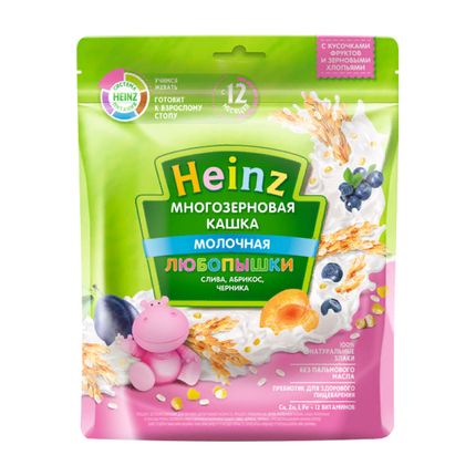 Heinz Каша Любопышки многозерновая молочная слива, абрикос, черника, пауч, 200гр
