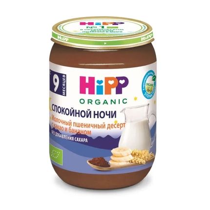 Hipp Спокойной ночи Молочный пшеничный десерт с какао и бананом, 190 гр