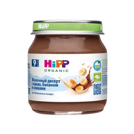 HIPP Молочный десерт с какао, бананом и злаками, 100гр.
