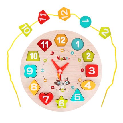 Mapacha Развивающая игра 3в1 "Часы": вкладыш, шнуровка, обучение формам и цифрам