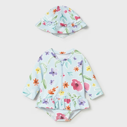 Mayoral  Комплект купальник и панама, голубой/цветочки 1634/29