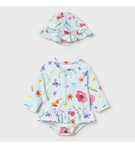 Mayoral Комплект купальник и панама, голубой/цветочки 1634/29 Mayoral Комплект купальник и панама, голубой/цветочки 1634/29