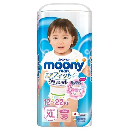 Японские подгузники-трусики Moony для девочек XL, 12-17кг, 38шт.