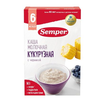 Semper Каша детская Молочная Кукурузная с черникой сухая без сахара без глютена с 6 месяцев 180 г