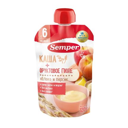 Пюре Semper Яблочно-персиковое с кашей, пауч, 120гр