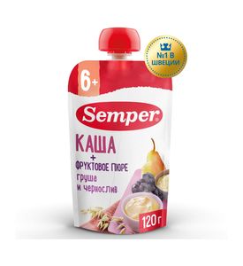 Semper Пюре детское фруктовое груша чернослив злаки каша без сахара с 6 месяцев 120 г 