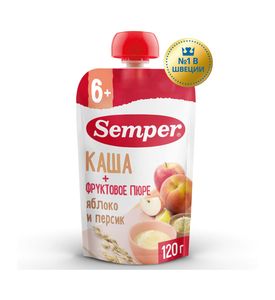 Semper Пюре детское фруктовое яблоко персик каша злаки без сахара с 6 месяцев 120 г 