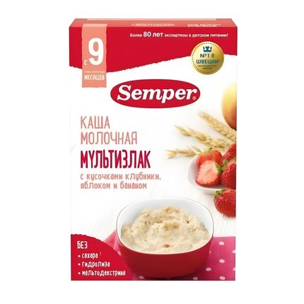 Каша Semper Мультизлаковая молочная с кусочками клубники, яблоком и бананом, 200гр