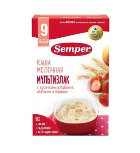 Каша Semper Мультизлаковая молочная с кусочками клубники, яблоком и бананом, 200гр