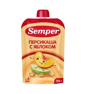 Пюре Semper Яблочно-персиковое с кашей, пауч, 120гр