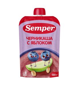 Semper Фруктово-зерновое пюре "Пюре Яблочно-черничное с кашей" 120гр