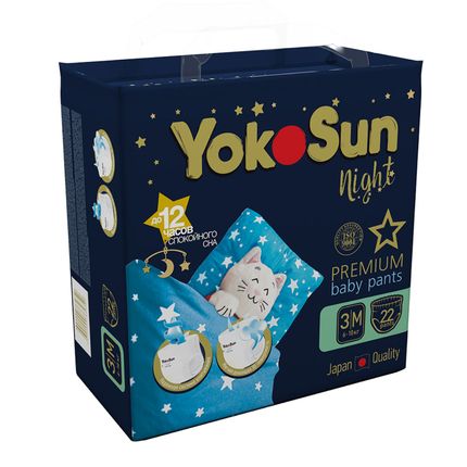 YokoSun Premium Ночные подгузники-трусики M (6-10 кг), 22 шт