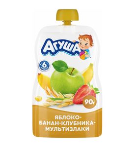 Пюре фруктовое "Агуша" Яблоко-Банан-Клубника-Злаки 130г