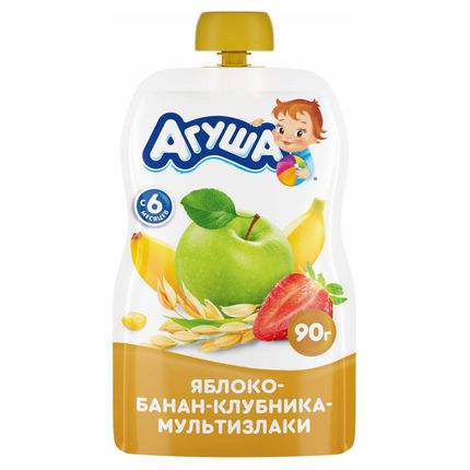 Пюре фруктовое "Агуша" Яблоко-Банан-Клубника-Злаки 130г