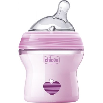 Бутылочка Chicco Natural Feeling + силиконовая соска с наклоном и флексорами, 150 мл (розовая)