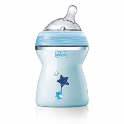 Бутылочка Chicco Natural Feeling + силиконовая соска с наклоном и флексорами, 250 мл (голубая)