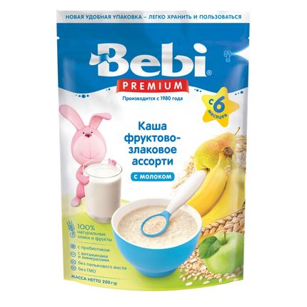 BEBI Каша молочная Фруктово-злаковое ассорти, 200гр Пауч