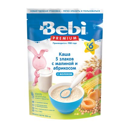BEBI Каша Premium молочная 5 злаков с абрикосом и малиной, 200гр Пауч
