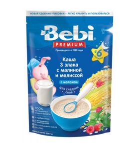 BEBI Каша молочная для Сладких снов: 3 злака с малиной и мелиссой, 200гр Пауч