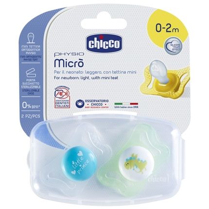 CHICCO Пустышка силиконовая Micro, 0-2м, №2 для принца рис. динозавр, нейтральный