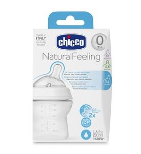 CHICCO Бутылочка Natural Feeling пласт. 150 мл, 0 м+, cиликон. соска с наклоном прозрачная