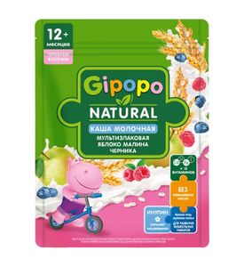 GIPOPO Каша пауч молочная Мультизлаковая кусочки  яблоко, малина, черника 200г