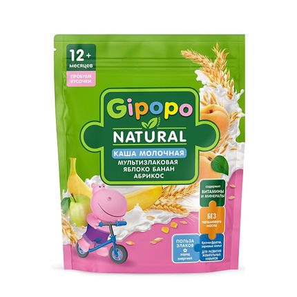 GIPOPO Каша пауч молочная Мультизлаковая кусочки блоко, банан, абрикос 200г