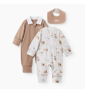 Happy Baby, Набор детский: пижамный комбинезон (2 шт) и нагрудный фартук (бежевый (собака)