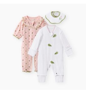 Happy Baby, Набор детский: пижамный комбинезон (2 шт) и нагрудный фартук (бело-розовый)