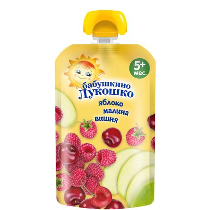 Бабушкино Лукошко Пюре из яблоко,малины и вишни 90гр (пауч)