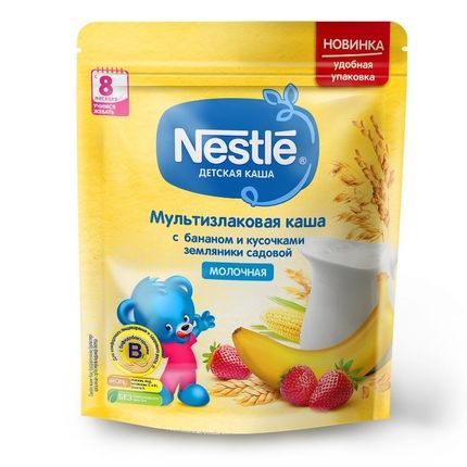 Nestle® Молочная мультизлаковая каша с бананом и кусочками земляники, 220гр