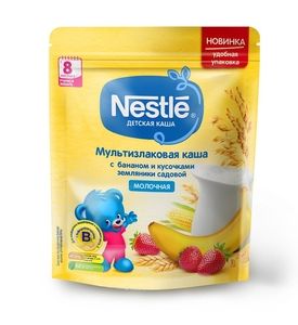 Nestle® Молочная мультизлаковая каша с бананом и кусочками земляники, 220гр