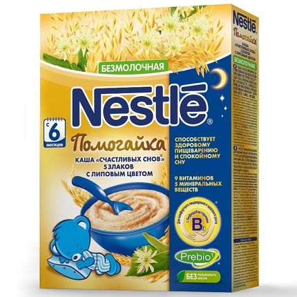 Nestle® Каша "Помогайка"® безмолочная "Счастливых снов" 5 злаков с липовым цветом, 200гр