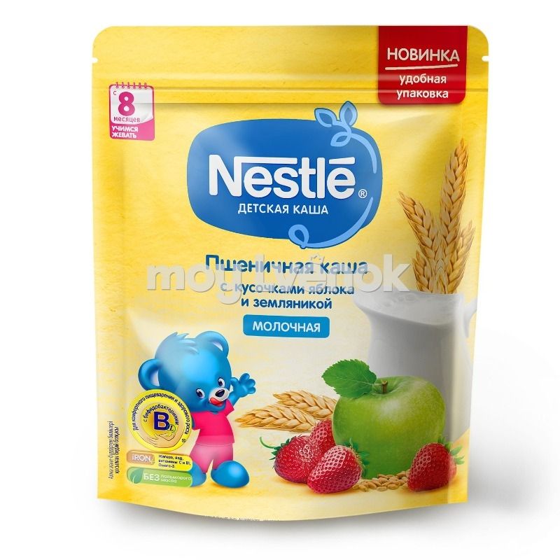 Каша Nestle молочная пшеничная с кусочками яблока и земляники с 8 мес 250г к/к (4606272031368)